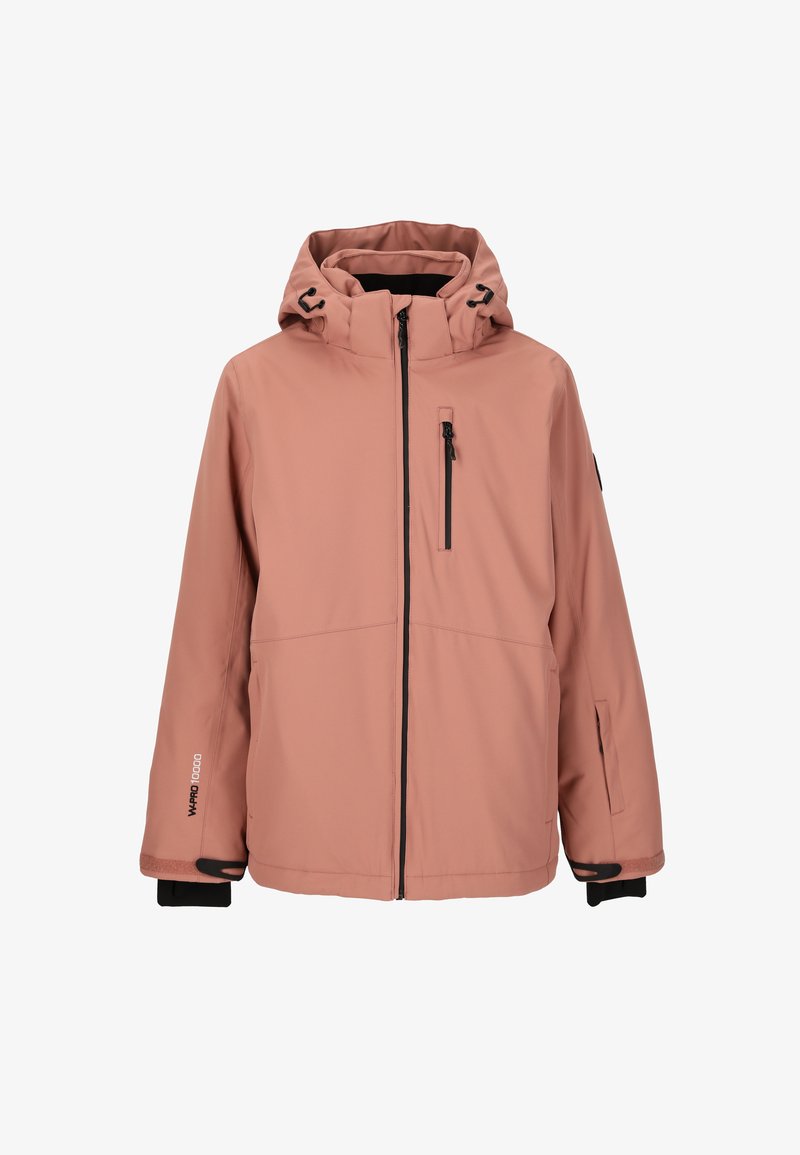 Růžová nepromokavá bunda se zipem vepředu, nastavitelnou kapucí a černými akcenty. Zahrnuje také boční kapsy a úpravy na manžetách.