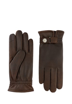 Set donkerbruine leren handschoenen, één toont de handpalmzijde met geplooide pols, de ander de achterkant met riem en metalen knoopsluiting.