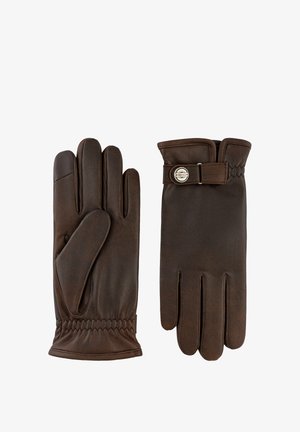 Set donkerbruine leren handschoenen, één toont de handpalmzijde met geplooide pols, de ander de achterkant met riem en metalen knoopsluiting.