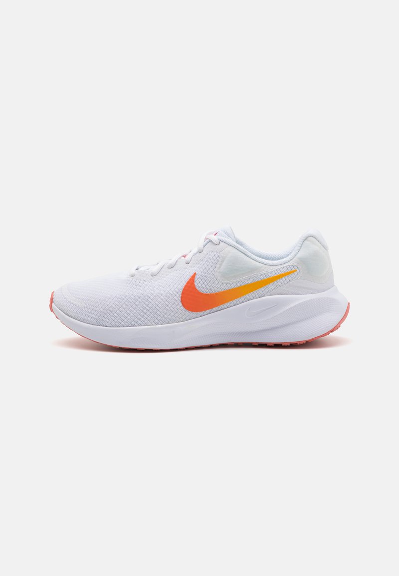 White running shoe with mesh upper, orange Nike swoosh, padded collar, rounded toe, and rubber outsole with textured grip pattern.