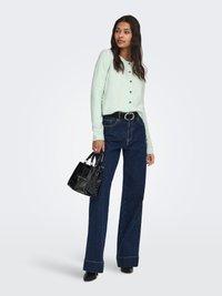 Mintgrüner Cardigan mit Knöpfen, dunkelblaue ausgestellte Jeans und eine strukturierte schwarze Handtasche. Stilettos runden das Outfit ab.