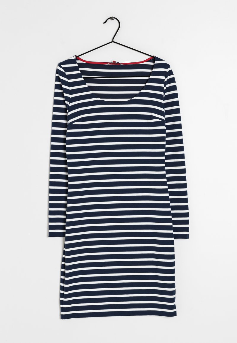 Långärmad klänning med rund halsringning, i växelvis marinblå och vita horisontella ränder. Mjuk tyg med sprund på sidorna av nederkant.