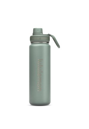 Bouteille d'eau réutilisable verte mate avec bouchon à clapet et logo "lululemon" centré verticalement sur le corps.