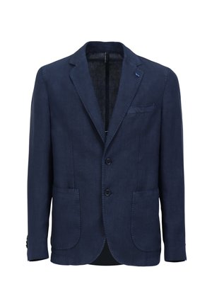 Marineblauwe linnen blazer met twee voorzakken, geknipte revers, sluiting met twee knopen en een textuurstof voor ademend comfort.