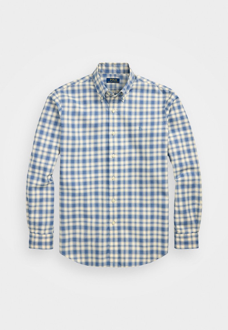 Πουκάμισο με κουμπιά σε ανοιχτό μπλε και κίτρινο καρό σχέδιο, με μακριά μανίκια, κολάρο από ύφασμα και λεπτομέρεια τσέπης στον αριστερό θώρακα.