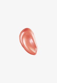 Coral-colored creamy texture with a glossy finish, shaped like a teardrop. Contains fine shimmer particles for added dimension.