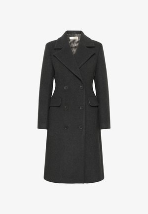 Manteau en laine à double boutonnage de couleur gris foncé avec des revers crantés, deux poches avant et six boutons noirs. Texture lisse et coupe ajustée.