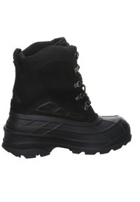 Czarne wodoodporne zimowe buty z teksturą gumowej podeszwy, wyściełanym kołnierzem i metalowymi oczkami na sznurówki. Solidny design z wysoką cholewką.