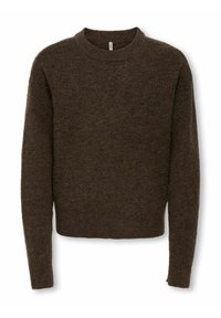 Brązowy sweter dzianinowy z okrągłym dekoltem i długimi rękawami. Teksturowany materiał o lekko luźnym kroju i ściągaczach na rękawach. Brak widocznych wzorów lub akcentów.