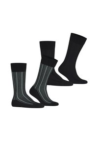 Drei Paar Socken: zwei einfarbige schwarze, eines mit abwechselnd schwarzen und grauen Streifen. Hergestellt aus einem strukturierten Strickmaterial.