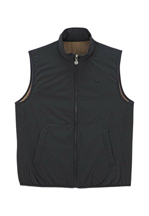 Gilet sans manches noir avec un col haut, fermeture éclair avant, deux poches latérales et un tissu léger. Présente un contraste de couleur intérieur subtil.