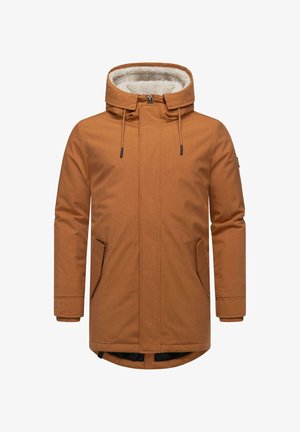 Giacca impermeabile marrone con cappuccio foderato in pile, chiusura frontale con zip, tasche laterali e polsini elasticizzati. Texture liscia e design alla lunghezza dell'anca.