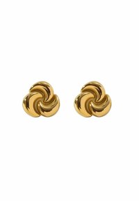 Orecchini in metallo dorato con un design a spirale accompagnato da tre petali, finitura lucida, texture liscia e forme arrotondate.