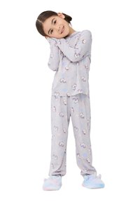 Jasnoszary zestaw piżamowy z wzorem jednorożca, w różowe i niebieskie akcenty. Miękka tkanina, długie rękawy oraz pasujące spodnie. Puszyste, pastelowe kapcie.