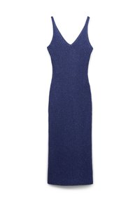 Abito smanicato lavorato a maglia in blu profondo con scollatura a V, forma aderente, lunghezza a metà polpaccio, caratterizzato da una delicata texture lucente.