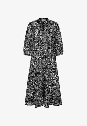 Midi-jurk met zwart-wit bloemmotief, driekwart pofmouwen, V-halslijn en geplooide taille.