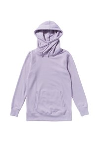Sweat à capuche lilas avec une grande capuche réglable, des manches longues, des poches avant et une texture douce. Présente des détails brodés subtils.