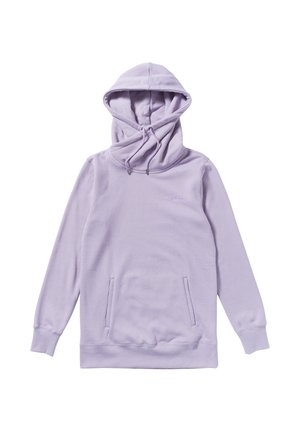 Lilac huppari, jossa on suuri, säädettävä huppu, pitkät hihat, etutaskut ja pehmeä rakenne. Sisältää hienovaraisia kirjailuja.