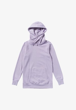 Lilac huppari, jossa on suuri, säädettävä huppu, pitkät hihat, etutaskut ja pehmeä rakenne. Sisältää hienovaraisia kirjailuja.