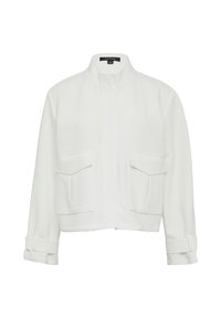 White jacket with a high collar, featuring two front pockets with flaps, and cuffed sleeves. Made from a smooth, structured fabric.
