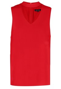 Top rosso senza maniche con scollatura a V e una leggera lucentezza. Tessuto liscio con zip sul retro, che offre un design minimalista.