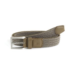Braided khaki and beige fabric belt with silver rectangular buckle and stitched leather accents.