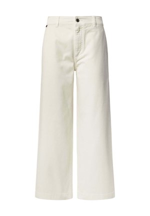 Weißer, weit geschnittener Stoffhosen aus Baumwolle mit Vordertaschen, Knopfverschluss und einem klaren, schlichten Design.