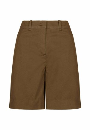 Braune, maßgeschneiderte Shorts in knielanger Länge mit Gürtelschlaufen und verdecktem Frontverschluss, auf weißem Hintergrund dargestellt.