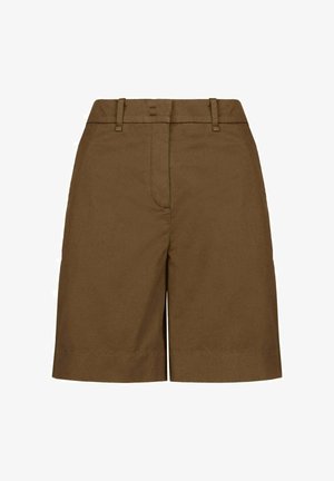 Brown tailored knee-length shorts with belt loops and a concealed front closure, displayed on a white background.