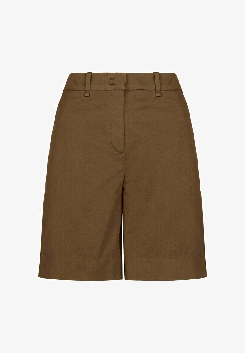 Shorts marron sur mesure, longueur genou, avec passants de ceinture et fermeture avant dissimulée, présentés sur un fond blanc.