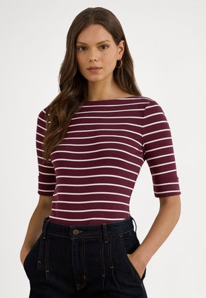 STRIPED STRETCH COTTON BOATNECK TEE - Μπλουζάκι με στάμπα - dark garnet/mascarpone cream