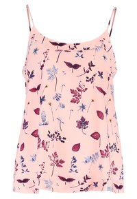 Camisola con stampa floreale in morbido tessuto rosa, dotata di spalline delicate, con vari foglie e fiori nei toni di viola, rosso e blu.