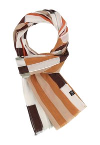Bufanda ligera con rayas verticales en marrón, naranja, beige, crema y blanco, con una pequeña etiqueta negra de la marca en un extremo.