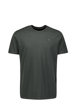 Donkergroen T-shirt met korte mouwen van gladde katoenstof; ronde hals; heeft een klein, subtiel logo op de borst.