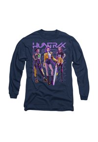 Long-sleeve navy shirt featuring three animated characters in vibrant clothing and accessories, with the word "HUNTRX" prominently displayed.