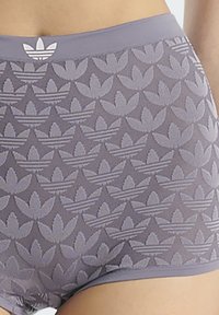 Šedé spodní prádlo s texturovaným vzorem listů, elastickým pasem s logem a přiléhavým střihem pro těsné padnutí.