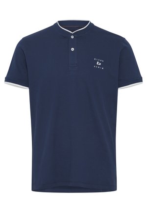 Marineblauwe poloshirt met een henley-kraag, een placket met twee knopen, witte afwerking op de mouwen en een logo-print aan de voorkant in het wit.