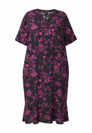 Schwarzes knielanges Kleid mit kurzen Ärmeln und pinkem abstraktem Korallen- und Fischmuster, mit gerafftem Saum und V-Ausschnitt.