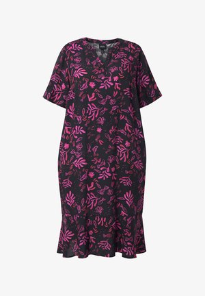 Schwarzes knielanges Kleid mit kurzen Ärmeln und pinkem abstraktem Korallen- und Fischmuster, mit gerafftem Saum und V-Ausschnitt.