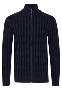 Navyblauer Vollzip-Pullover mit vertikalem Zopfstrickmuster, geripptem Kragen, Ärmeln und Saum.