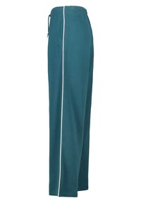 Blue sweatpants made of soft fabric, featuring a white side stripe, elastic waistband with drawstring, and straight-leg design.