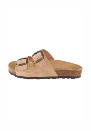 Sandal de cuero de gamuza en tono marrón con dos hebillas ajustables, una plantilla de corcho contorneada y una suela de goma para mayor tracción.