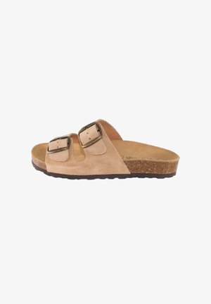 Sandal de cuero de gamuza en tono marrón con dos hebillas ajustables, una plantilla de corcho contorneada y una suela de goma para mayor tracción.