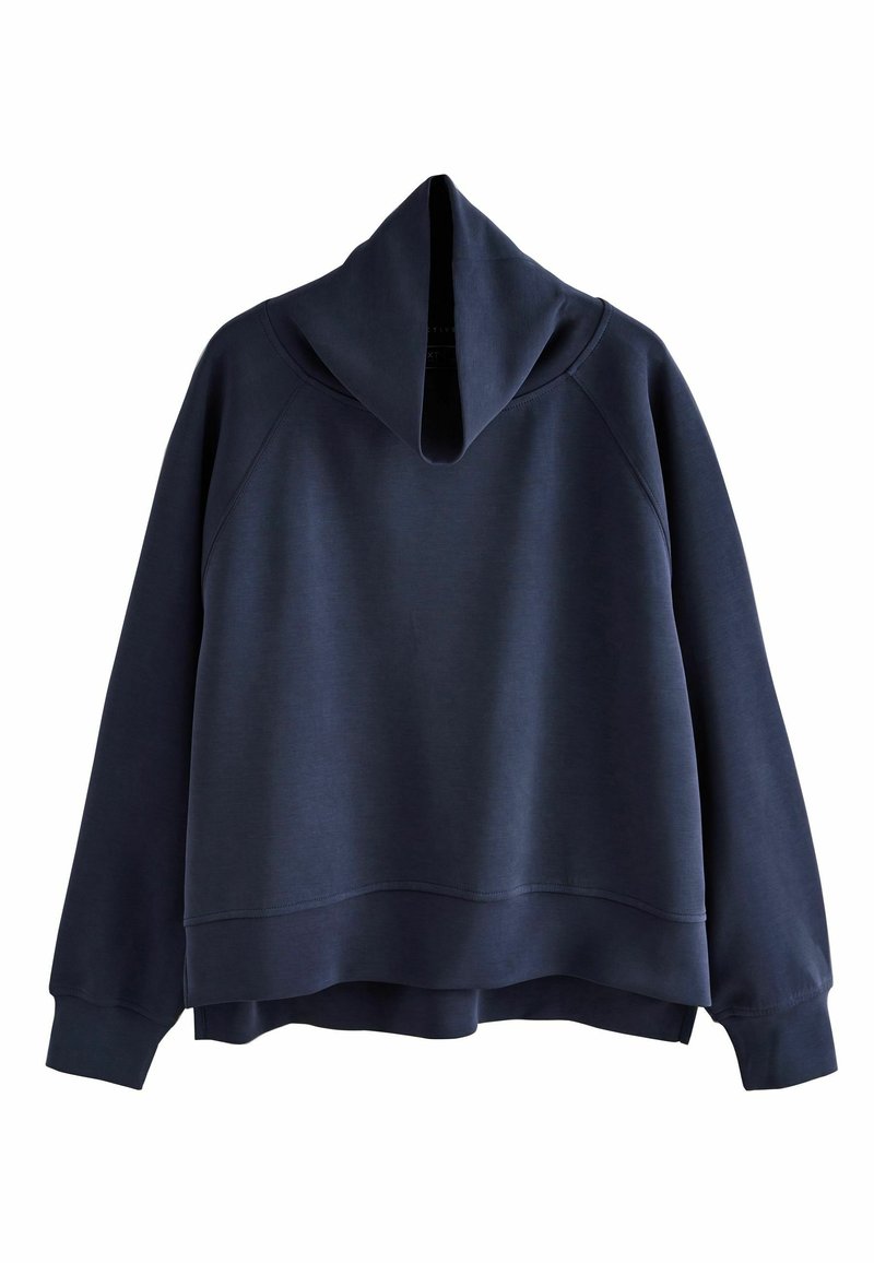 Marineblå pullover-hoodie med høj, foldet krave, raglanærmer og en afslappet pasform. Fremstillet af glat, blødt stof. Ingen synlige logoer.