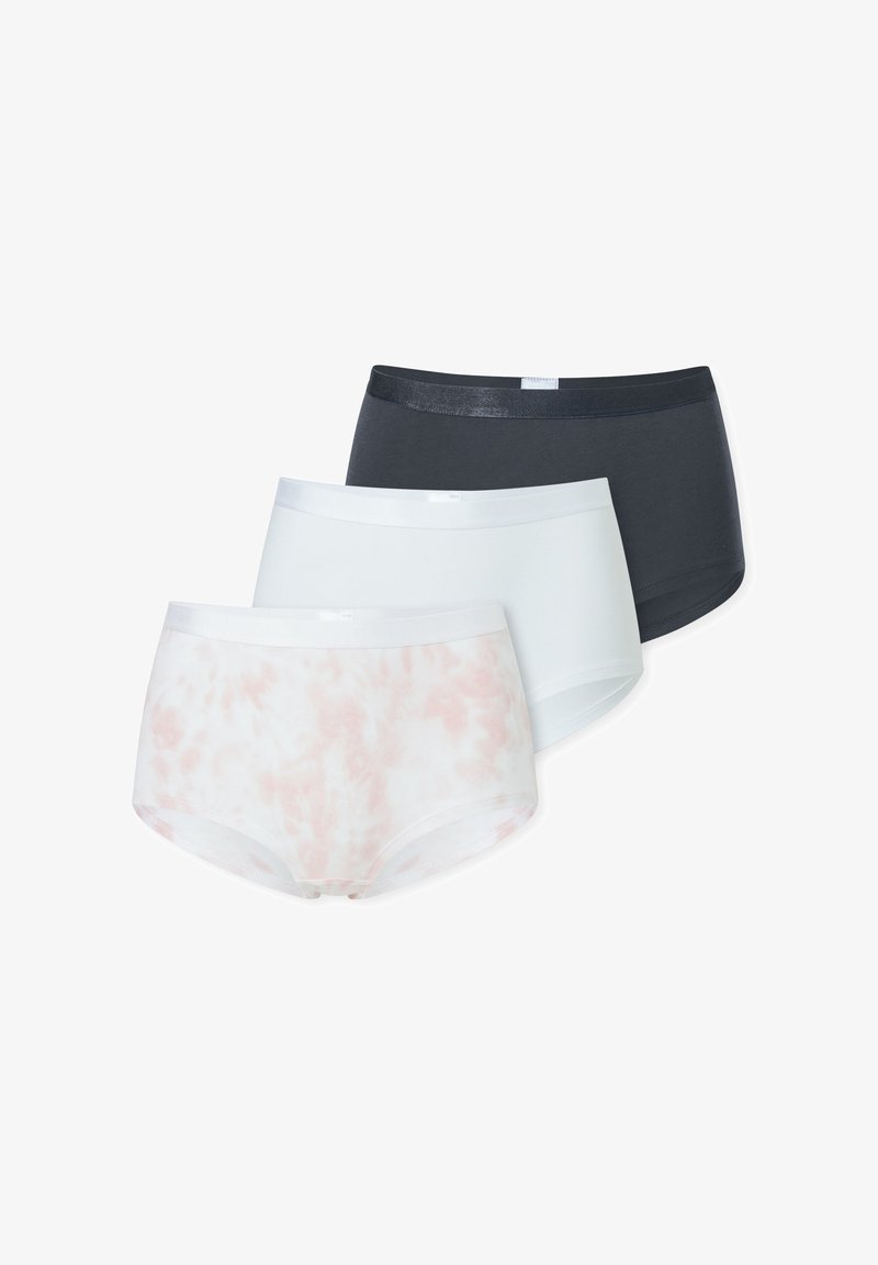 Trzy pary damskich majtek hipster: jedna w jednolitym ciemnoszarym kolorze, jedna w jednolitej białej barwie i jedna biała w różowy wzór tie-dye. Miękka tkanina, elastyczne paski w talii.