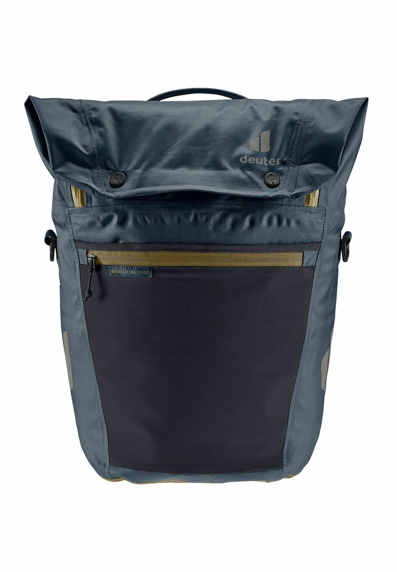 Mochila roll-top en azul y gris con un compartimento principal con cremallera, un bolsillo frontal de malla y acentos reflectantes. Fabricada con un tejido duradero y detalles en contraste.