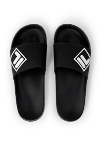 Black slide sandals with a wide strap featuring a white logo, made of smooth plastic material, with a contoured footbed and flat sole.