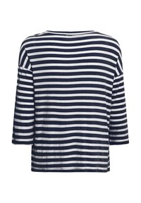 Marineblaues und weiß gestreiftes langärmliges Shirt mit horizontalen Streifen und Bootsausschnitt, von hinten gezeigt.