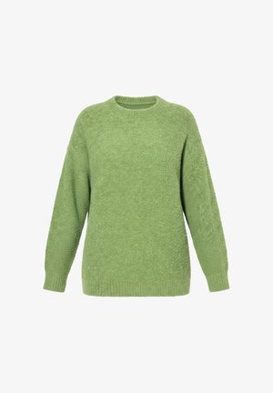 Blød grøn langærmet sweater med rund halsudskæring og ribstrikkede manchetter og kant, vist på en ensfarvet hvid baggrund.