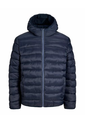 Giacca imbottita trapuntata blu navy con cappuccio e chiusura frontale con cerniera, progettata per la protezione dal freddo.